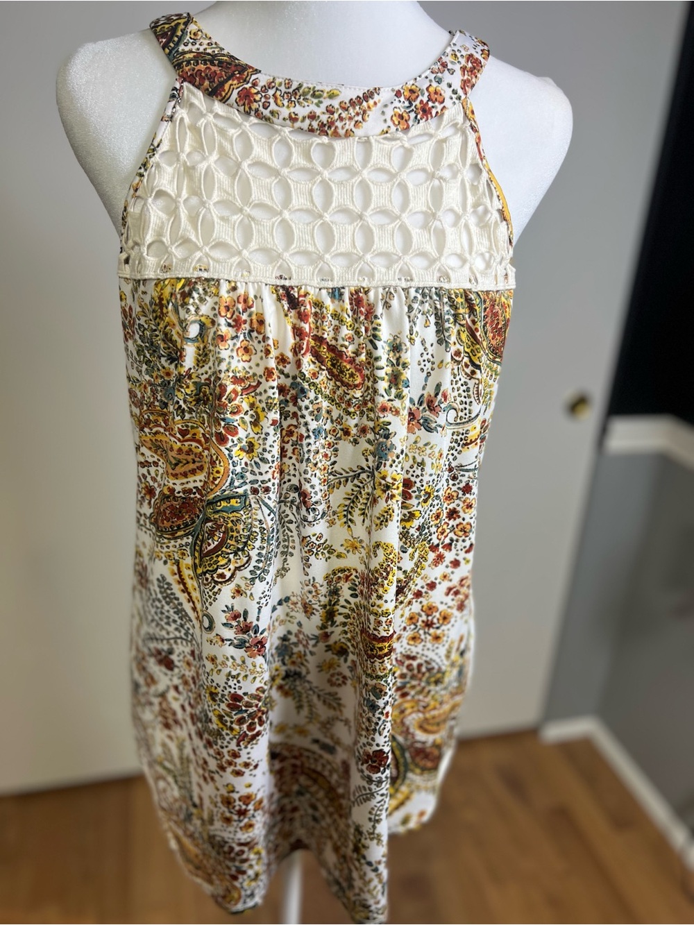 PerSeption Concept Cream Paisley Halter Top with Crochet Yoke